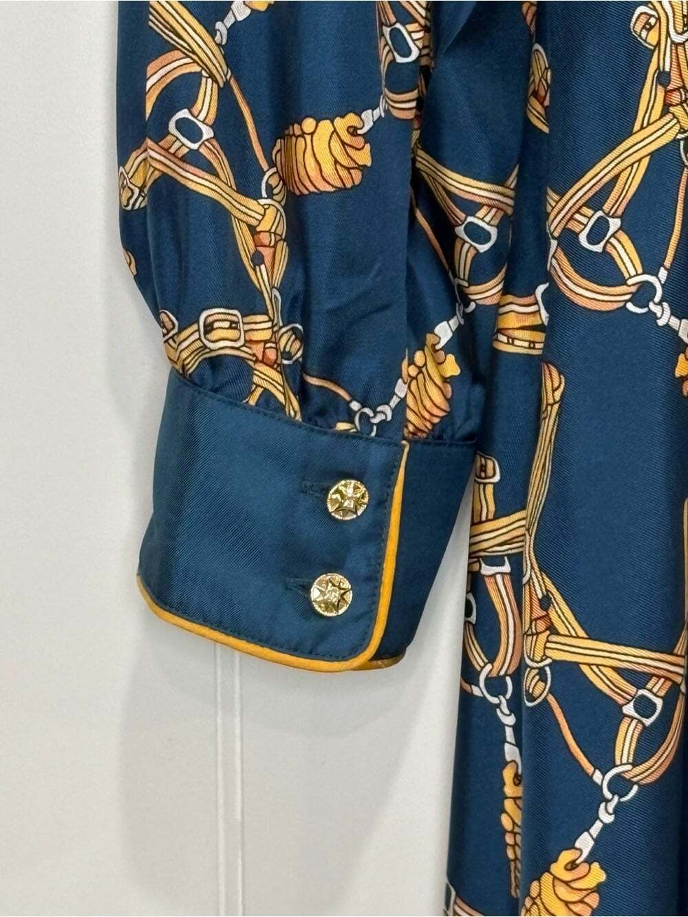 Besionia Milano 100%Mulberry Silk Bridle Print Equestrian Midi Dress Old Money M - Picture 6 of 11
